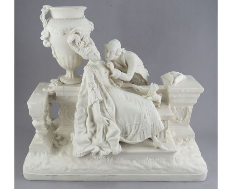 A late nineteenth century Minton Parian ware large figural group, c. 1870. It depicts a reclining lady and her male suitor in