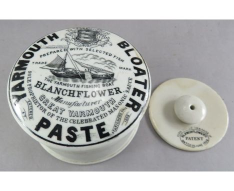 A mid-nineteenth century black and white transfer-printed pot lid, base and rare inclusion of tamper/inner lid, c. 1850. It i