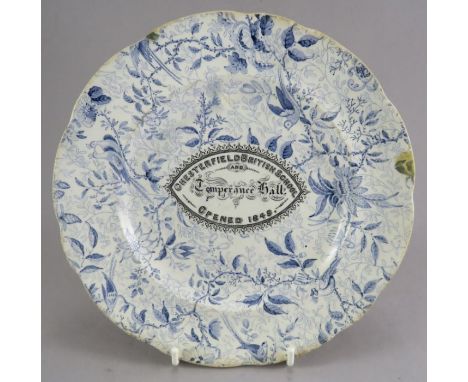 A rare early nineteenth century blue and white transfer-printed Temperance Hall plate, possibly Brameld, c. 1849. It is unmar