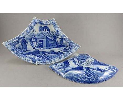 An early nineteenth century blue and white transfer-printed Spode Caramanian series lidded supper set segment, c. 1810. It is