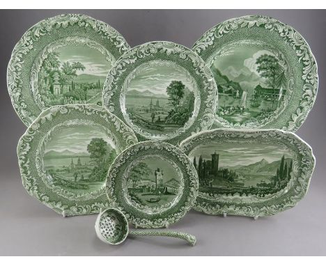 A group early nineteenth century green and white transfer-printed Copeland and Garrett Byron's Views wares c. 1835. To includ