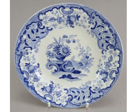 An early nineteenth century blue and white transfer-printed Spode Fruit &amp; Flowers pattern plate, c. 1825. It is marked to