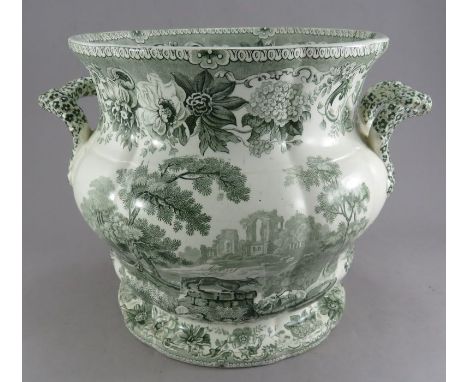 An early nineteenth century green and white transfer-printed Spode Aesop's Fables series wine cooler, c. 1830. It is marked t