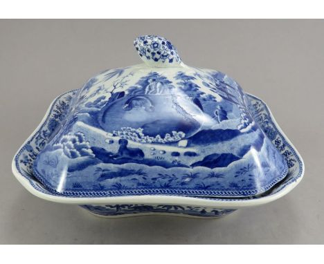 An early nineteenth century blue and white transfer-printed Spode Caramanian series vegetable tureen and cover, c. 1810. It i