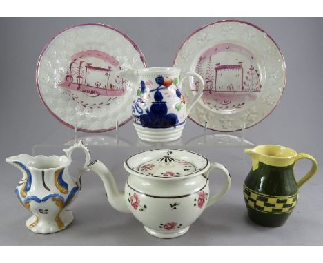 A group of mainly nineteenth century English pottery items, c. 1820-40. To include: two moulded pink lustre child's plates, a