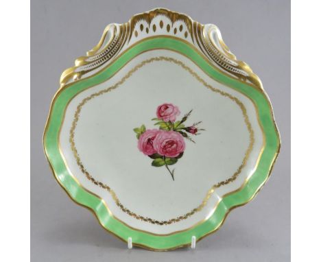 A late eighteenth century porcelain Derby hand-painted floral pattern handled dessert dish,&nbsp; c. 1790. Marked to the unde