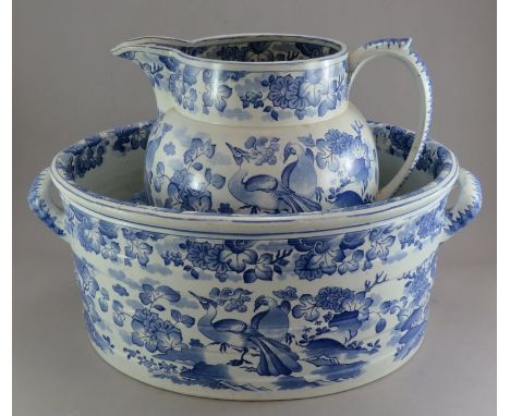 An extremely rare early nineteenth century blue and white transfer-printed Spode Old Peacock pattern footbath and matching ju