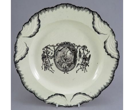 A late eighteenth century black and white transfer-printed creamware moulded plate, c. 1775. It is reputedly by the Melbourne