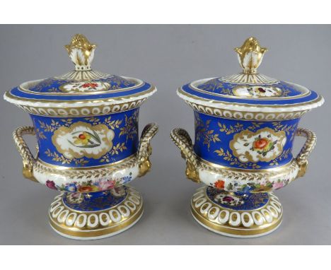 A pair of early nineteenth century Chamberlain Worcester footed and lidded two-handled sauce tureens and covers, c. 1820. Eac