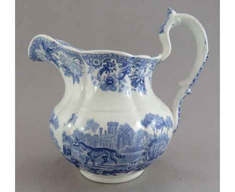 An early nineteenth century blue and white transfer-printed Spode Aesop's Fables series jug, c. 1828. It is printed with the 