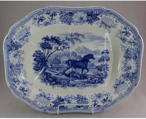 An early nineteenth century blue and white transfer-printed Spode Aesop's Fables series large platter, c. 1828. It is printed