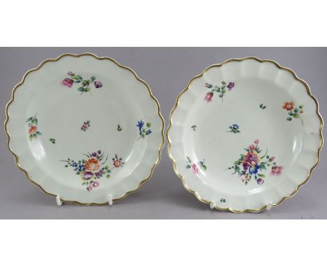 A pair of late eighteenth century porcelain Worcester hand-painted flower plates 182 with gilded rims,&nbsp; c. 1780. Both un