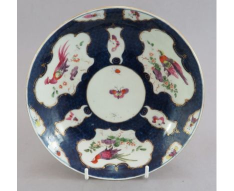 A late eighteenth century porcelain Worcester large saucer dish decorated with bids and insects,&nbsp; c. 1770. Marked to the