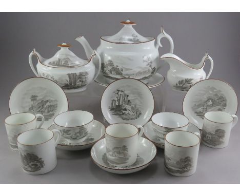 An early nineteenth century Spode bat printed part tea service, c. 1820. It is decorated with various views and scenes and co