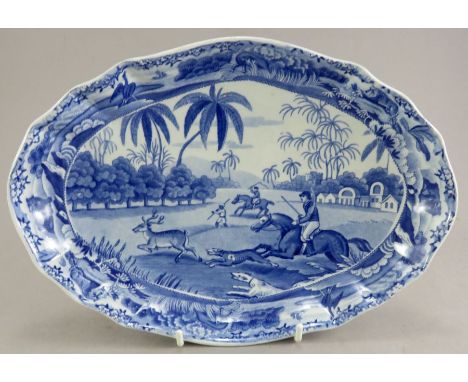An early nineteenth century blue and white transfer-printed Spode Indian Sporting series dessert dish, c. 1810. It is marked 
