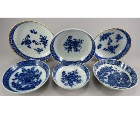 A group of late eighteenth century blue and white transfer-printed saucers, c. 1795. a Cambrian basket of flowers saucer, fou