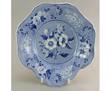 An early nineteenth century blue and white transfer-printed Spode Botanical series handled dessert dish, c. 1828. It is print