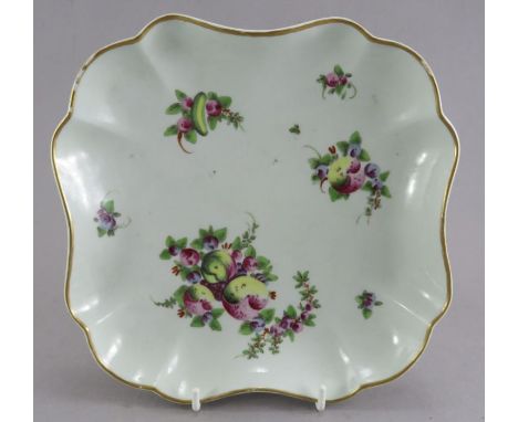 A late eighteenth century porcelain Worcester hand-painted fruit and flowers pattern square dessert dish c. 1775-80. Decorate