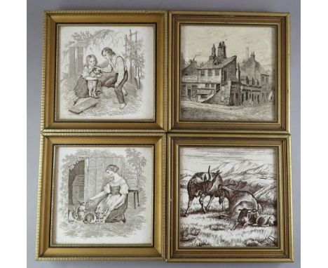A group of late nineteenth century brown and white transfer-printed Mintons framed tiles, c. 1870. To include various bucolic