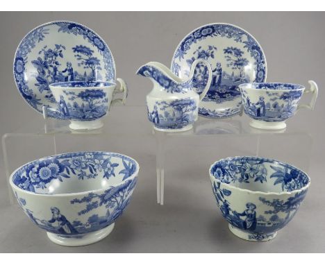 A group of early nineteenth century blue and white transfer-printed Spode Girl at the Well pattern tea wares, c. 1825. To inc
