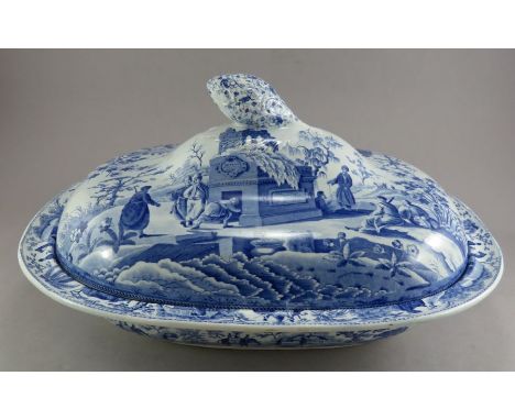 An early nineteenth century blue and white transfer-printed Spode Caramanian series large hash dish and cover, c. 1810. It is
