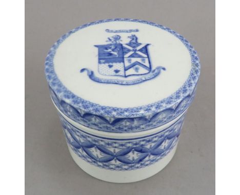An early nineteenth century blue and white transfer-printed Spode armorial lidded pot, c. 1820. It is marked to the underside