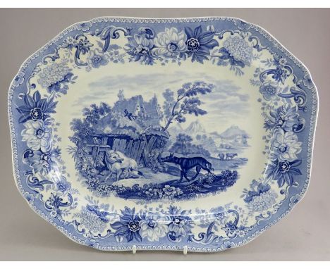 An early nineteenth century blue and white transfer-printed Spode Aesop's Fables series medium platter, c. 1828. It is printe