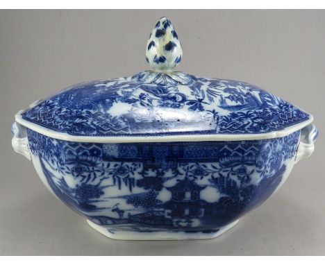 A late eighteenth century blue and white transfer-printed Two Figures pattern lidded soup tureen, possibly Swansea, c. 1795. 