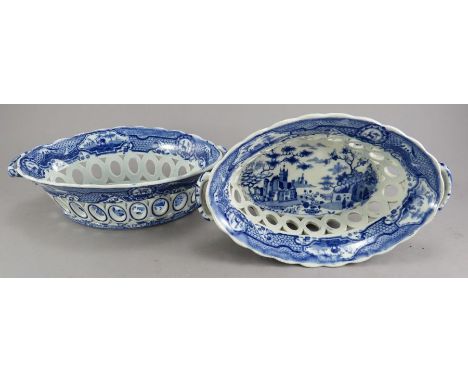 A pair of early nineteenth century blue and white transfer-printed Spode Gothic Castle pattern chestnut baskets c. 1810. One 