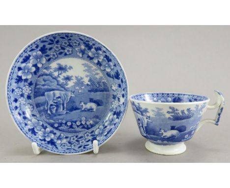 An early nineteenth century blue and white transfer-printed Spode Milkmaid pattern miniature cup and saucer, c. 1825. It is m