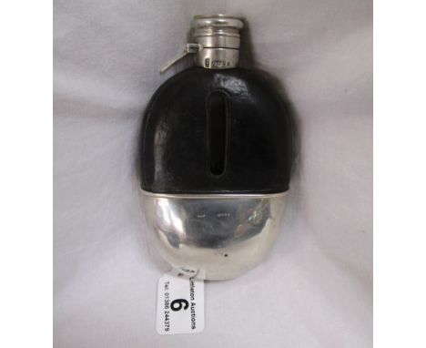 Leather bound hip flask with silver top & silver cup - Interesting hallmarks - 16.5cm x 9.5cm.It has no monogram or engraving