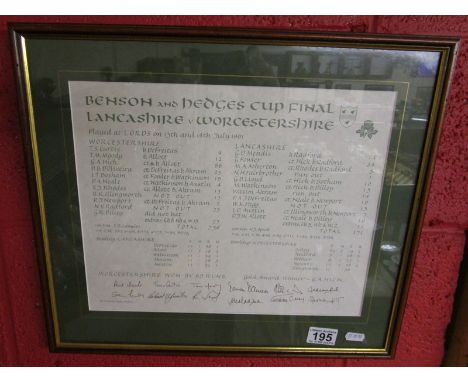 Signed Worcester cricket cup final - Team sheet - 1991