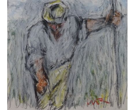 WILL ROBERTS pastel drawing - a farmer at work, signed with initials 'W R', 20 x 22.5cms