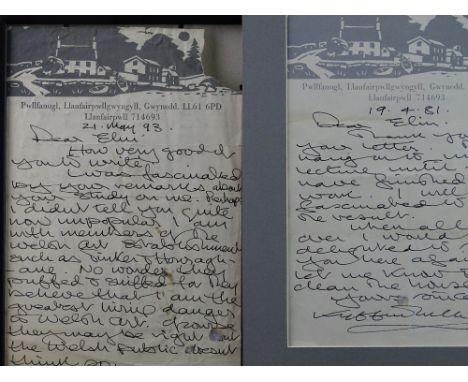 SIR KYFFIN WILLIAMS RA two handwritten letters dated April 1981 and May 1993, written by Sir Kyffin Williams to the vendor, w