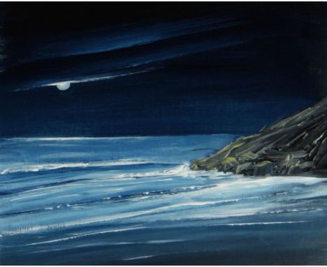 NICK JOHN REES oil on panel - nocturnal coastal scene entitled verso 'Moon - Broadhaven, Pembrokeshire', signed verso with in