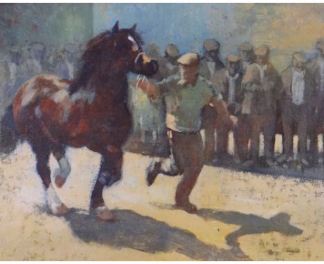 ANEURIN JONES coloured lithograph - horse and handler with crowd of farmers entitled 'Sadwrn Barlys / Barley Saturday', 30 x 
