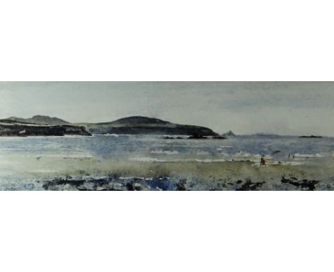 JOHN KNAPP FISHER watercolour - figures walking and children playing on a Pembrokeshire beach, signed and dated 1968, 16 x 46