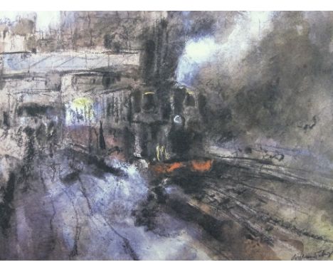 WILLIAM SELWYN artist proof coloured print - Welsh Highland engine and two carriages steaming out of Caernarfon, signed in fu