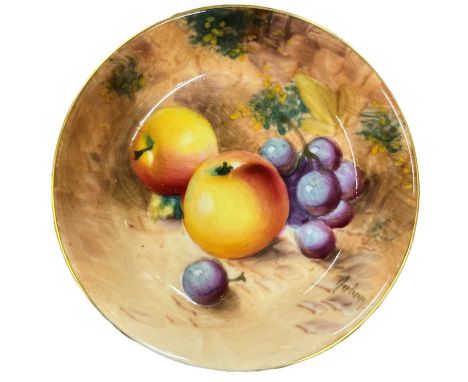 A small Royal Worcester Fallen Fruits pin dish coaster decorated by Roberts with hand painted Apples and Grapes, signed, blac