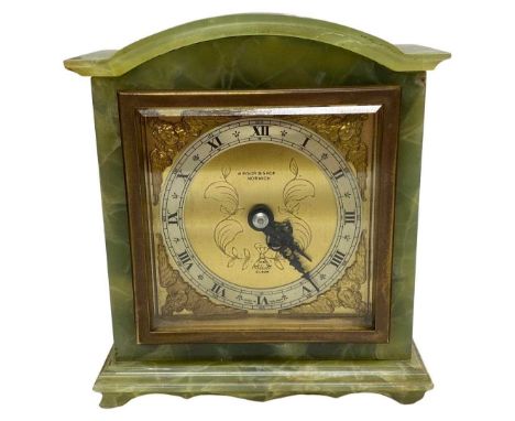 A Mid 20th Century Green Onyx Mantle Timepiece, Ellitto, retailed by Winsor Bishop - Norwich,
square case with shaped top on 