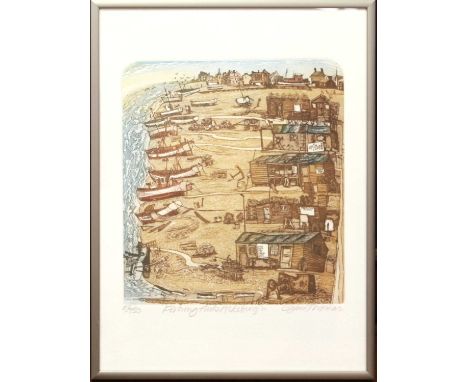 Glynn Thomas, Two Coloured Etchings
"Fishing Huts Aldeburgh" (82/150)
"Drying Nets" (112/200)
together with a further print b