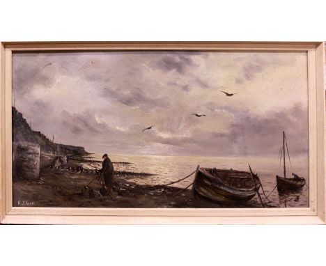 ROBERT J SCOTT (BRITISH, 20TH CENTURY) Norfolk Coastal Scene with Fishermen
signed R J Scott signed lower left, oil on board
