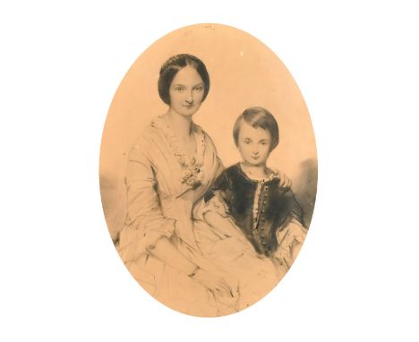 Circle of Winterhalter, Portrait of mother and son, charcoal, in an oval verre eglomise mount, 16" x 12", (40.5x31cm) (a/f).