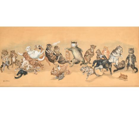 After Louis Wain, 'Blind Man's Buff', a scene of cats playing, colour print heightened in watercolour, 12.25" x 30.25" (31 x 