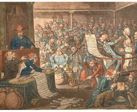 James Gillray (1757-1815) British, 'Patriotic Regeneration - Viz - Parliament Reform'd a la Francoise', hand-coloured etching