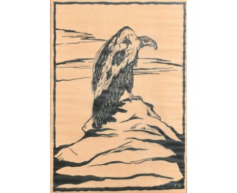 European School (early 20th Century) A Vulture on a rocky outcrop, woodblock print, signed with initials F.K and inscribed in