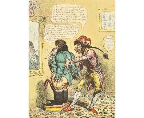 James Gillray (1757-1815) British, 'French Taylor, Fitting John Bull with a Jean de Bry', hand-coloured etching, annotated in