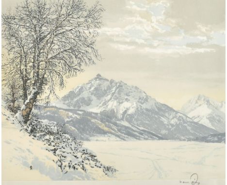 Hans Figura (1898-1978) Austrian, An Alpine winter scene, colour etching on silk, signed in pencil, 10" x 12.5", (25.5x32cm).