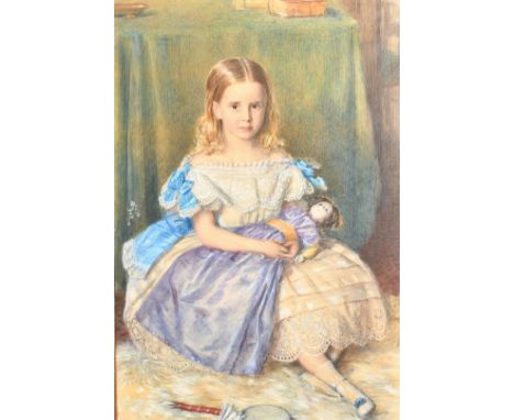 William Percy (19th Century) Portrait of a young girl seated with a doll, racquet and shuttlecock, watercolour, signed and da