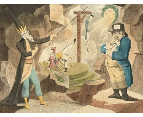 Louis le Coeur (act. 1780-1810), 'John Bull ou Le Peuple Anglais Apprenant de l'Enchanteur Merlin', hand-coloured etching, 9"